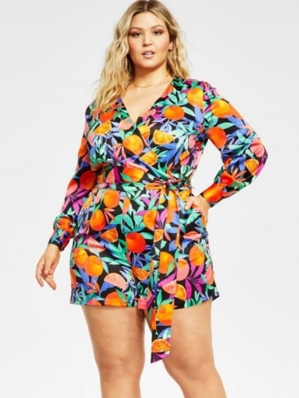 Nina Parker NWT Back Keyhole Satin Long Sleeve Tropical Fruit Romper Size 3X